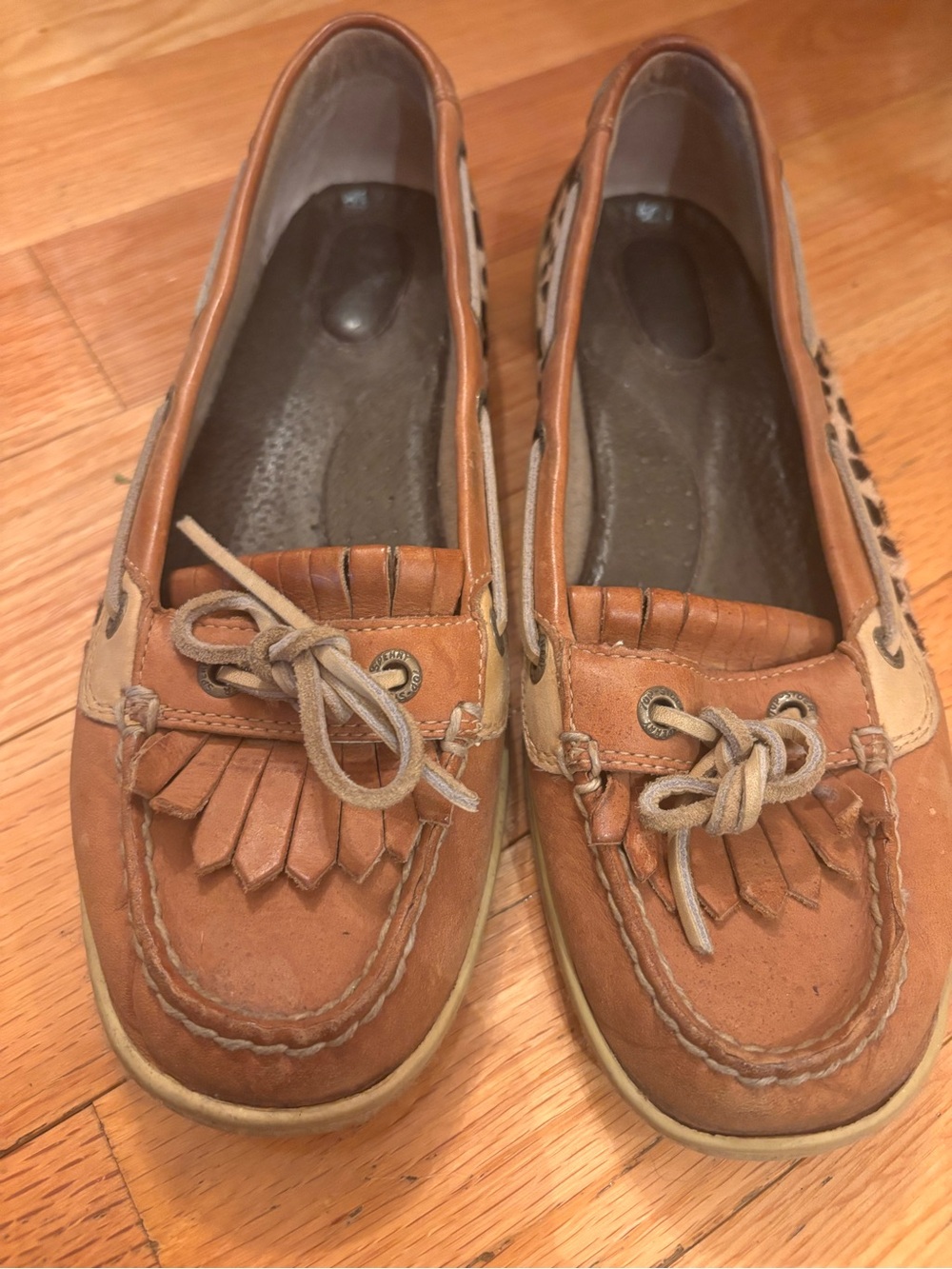 Sperry Tan and Brown Leather Moccasin Boat Shoes with Fringe